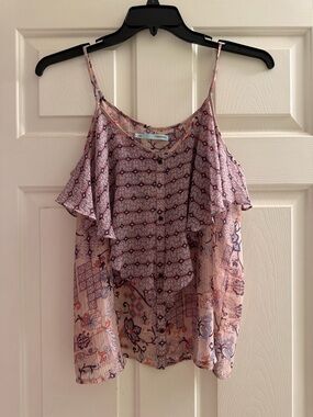 Maurices Pink Floral Cold-Shoulder Tank with Ruffle Overlay